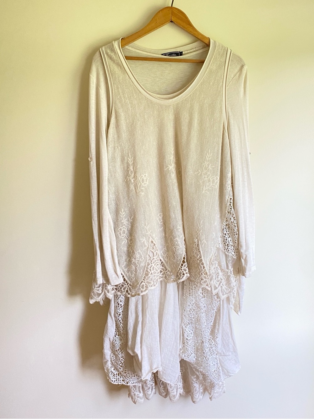 Vintage Froccella 2-Piece Lagenlook Lace Hem Tunic Dress Stretchy